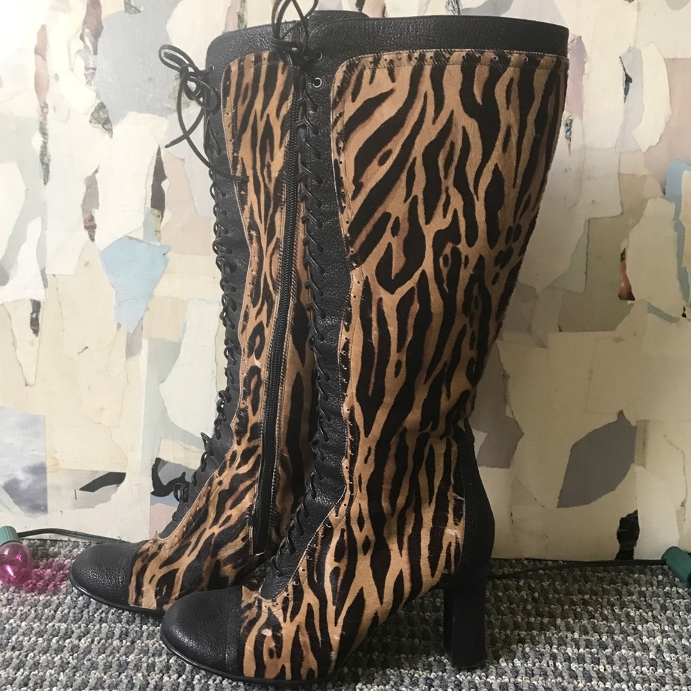 Boho Tall Boots BOLO for Born, lace-up front side zipper, zebra print leather